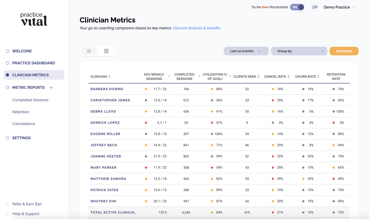 PracticeVital Clinician Metrics